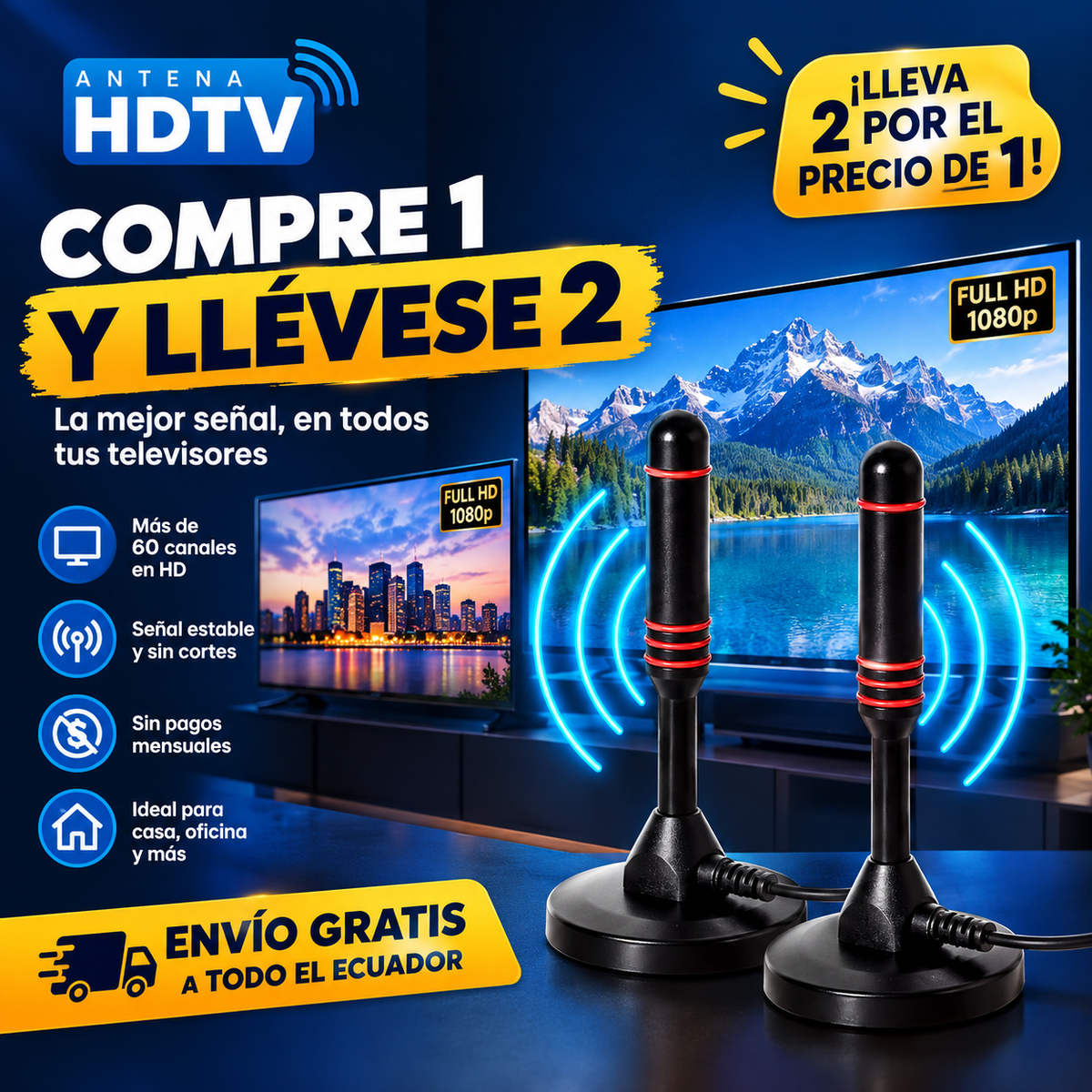 2x1 Antena 4K - Acceso a todas las películas y canales de TV